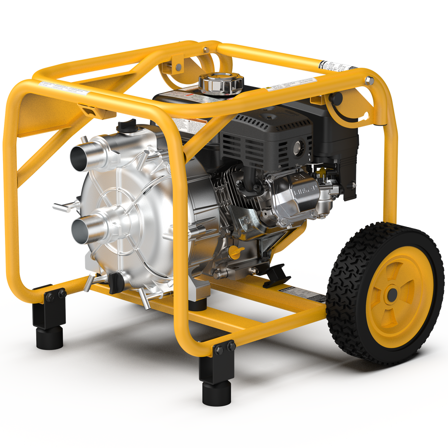 Introducing the 2-Inch Portable High Pressure Water and Semi-Trash Pump by FIRMAN Power Equipment: a portable, yellow-frame gas-powered pump on wheels equipped with a robust black engine and self-priming cast iron pump components, ideal for efficient fluid transfer in diverse settings.