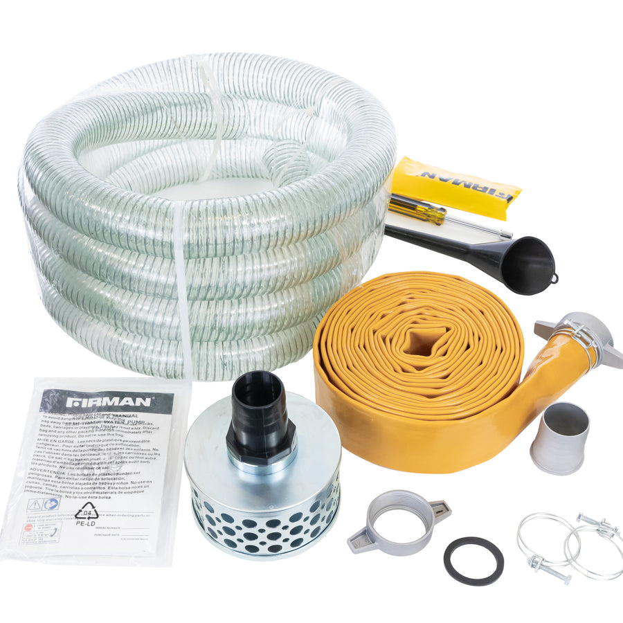 Assorted pump hose kit parts—including clear coiled and yellow flat hoses, metal strainer, clamps, and manual—are shown on white background. These fit the FIRMAN Power Equipment 2-Inch Portable High Pressure Water and Semi-Trash Pump.