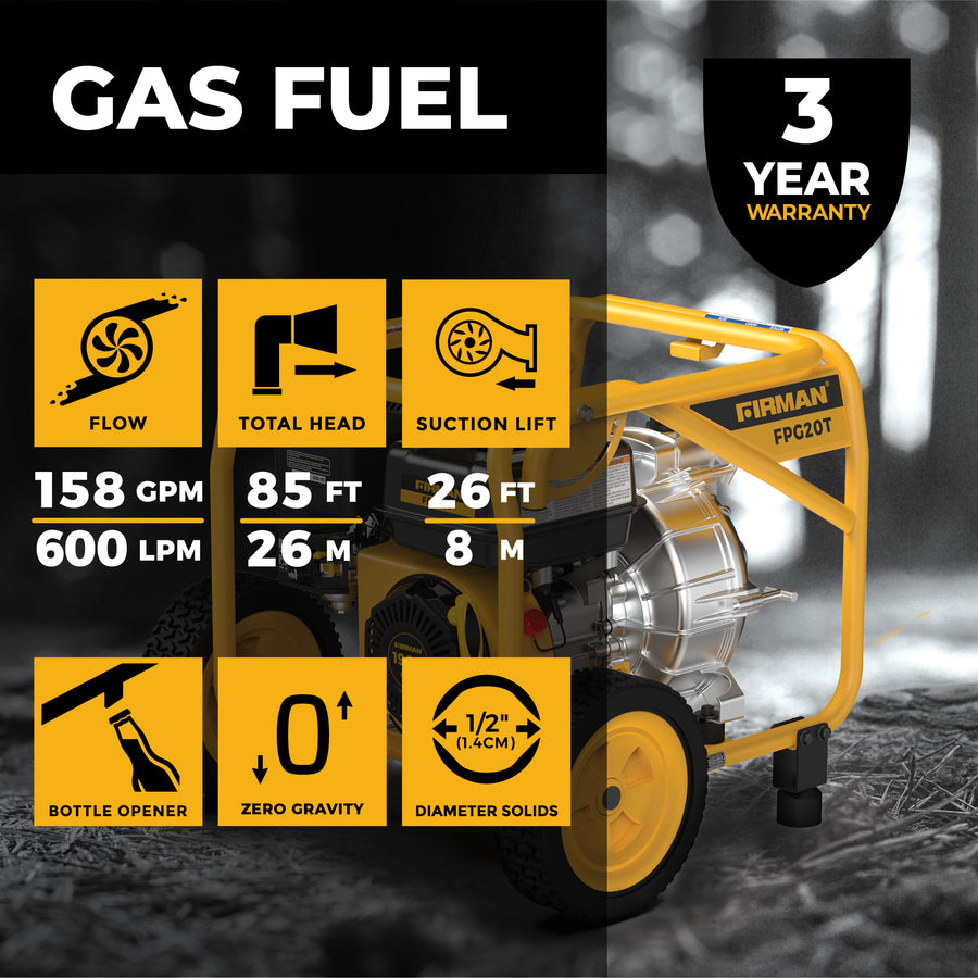 Here's an image of the 2-Inch Portable High Pressure Water and Semi-Trash Pump by FIRMAN Power Equipment, specifications include: a gas-powered pump with a flow rate of 158 GPM or 600 LPM, a total head of 85 ft or 26 m, and a suction lift capability of 26 ft or 8 m. The self-priming cast iron design incorporates convenient features like a bottle opener and zero gravity function, handles solids up to 1/2 inch in diameter and comes backed by a three-year warranty.