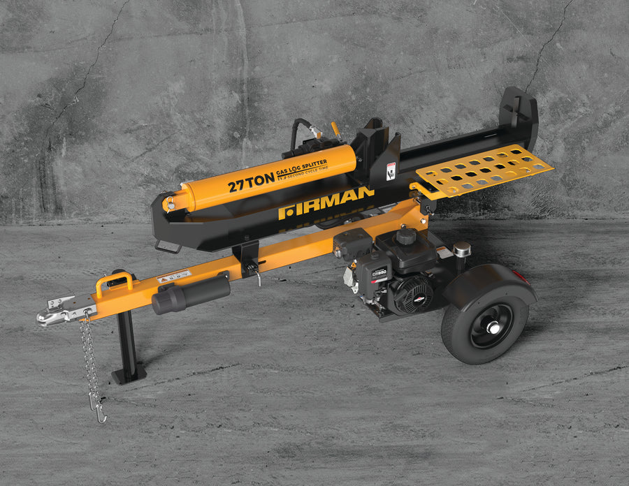 A 27-ton FIRMAN Power Equipment log splitter with a KOHLER engine on a concrete surface, featuring an orange and black color scheme.