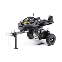A black 2250E wood splitter with a wheeled trailer base, attached to a small engine, photographed on a clean white background.