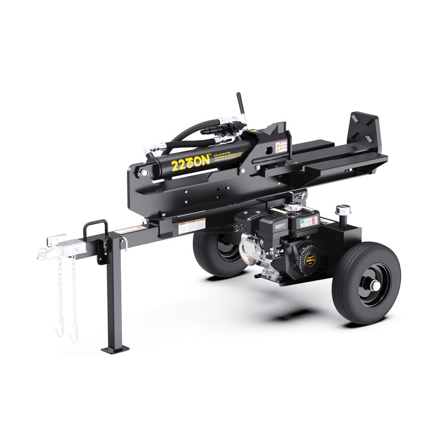 A black 2250E wood splitter with a wheeled trailer base, attached to a small engine, photographed on a clean white background.