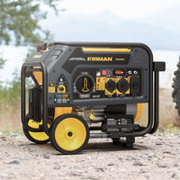 The FIRMAN Power Equipment Dual Fuel 4550W Portable Generator Electric Start with CO Alert, featuring yellow wheels and a control panel, is outdoors on rocky ground with blurred trees and water in the background.