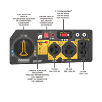 Illustration of a detailed control panel for a FIRMAN Power Equipment Dual Fuel 4550W Portable Generator Electric Start with CO Alert with labels, switches, and gauges, including a fuel selector and voltage meter.