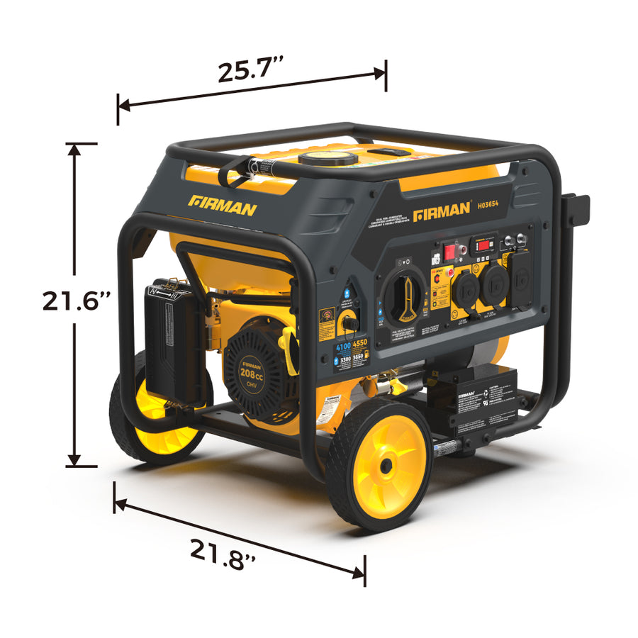 Portable FIRMAN Power Equipment Dual Fuel 4550W Portable Generator Electric Start with CO Alert featuring a black and yellow design, displayed with dimensions on a white background.