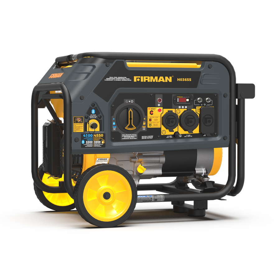 The FIRMAN Power Equipment Dual Fuel Portable Generator 4550/3650W Recoil Start offers durability and versatility in a sleek yellow and black design. It serves as an excellent backup power station, featuring intuitive controls, convenient outlets, and wheels for easy mobility.