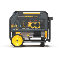 The FIRMAN Power Equipment Dual Fuel Portable Generator 4550/3650W Recoil Start, featuring a sleek black and yellow design with two large yellow wheels for easy transport, includes multiple outlets on the front panel, making it an ideal backup power station.