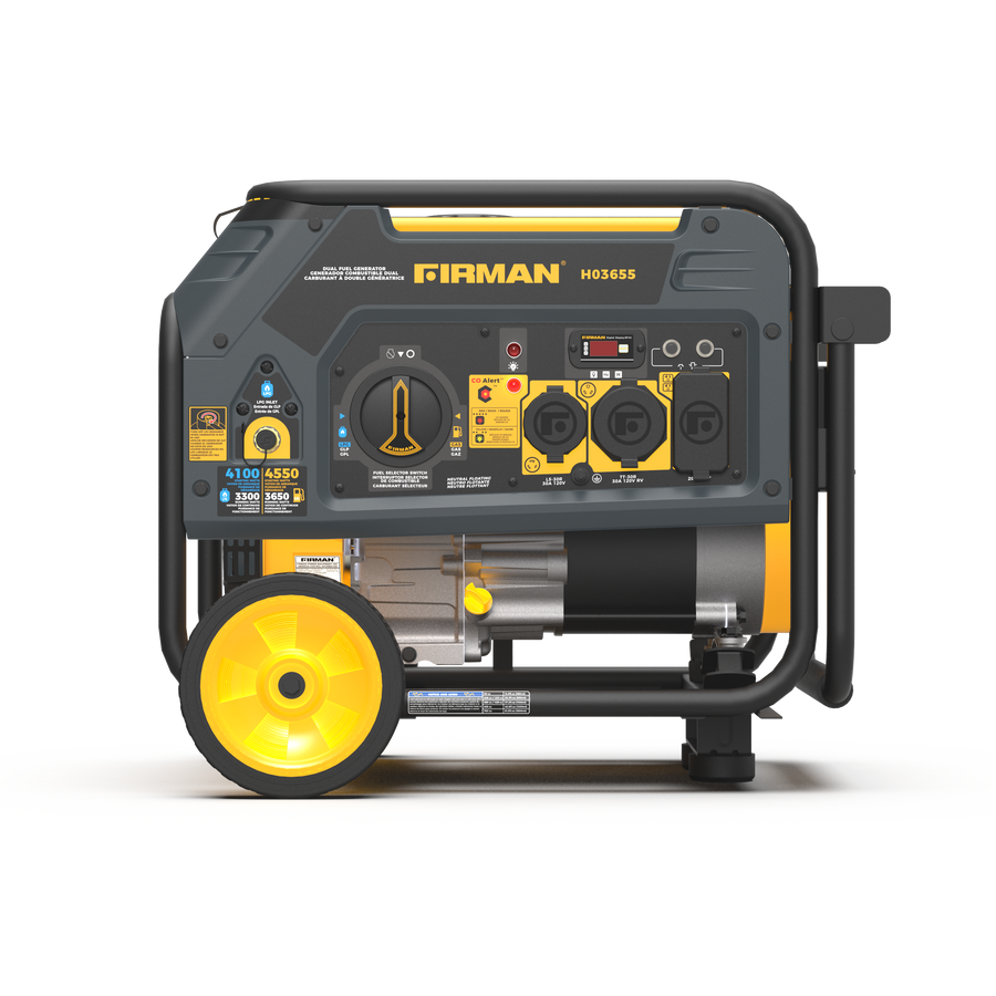 The FIRMAN Power Equipment Dual Fuel Portable Generator 4550/3650W Recoil Start, featuring a sleek black and yellow design with two large yellow wheels for easy transport, includes multiple outlets on the front panel, making it an ideal backup power station.