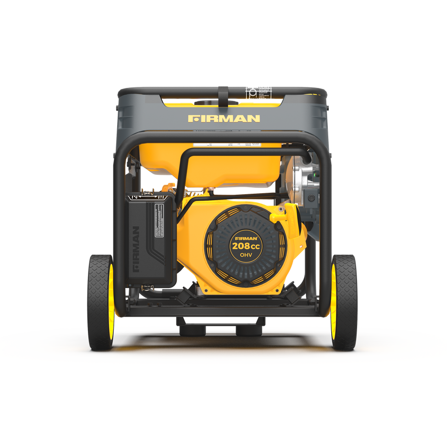 The FIRMAN Power Equipment Dual Fuel Portable Generator 4550/3650W Recoil Start, featuring a yellow and black design with a visible engine and wheels, serves as a dependable backup power station for your needs.