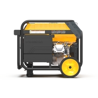 The FIRMAN Power Equipment Dual Fuel Portable Generator 4550/3650W Recoil Start features a yellow and black design with wheels, showcasing engine components and a control panel.