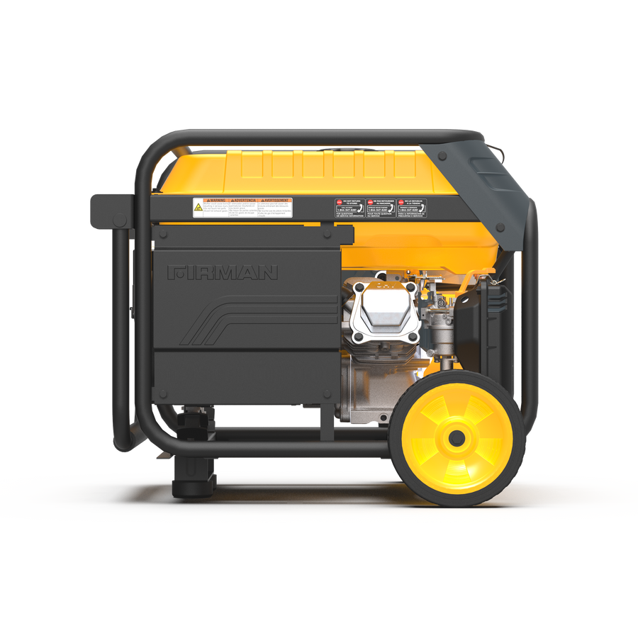 The FIRMAN Power Equipment Dual Fuel Portable Generator 4550/3650W Recoil Start features a yellow and black design with wheels, showcasing engine components and a control panel.