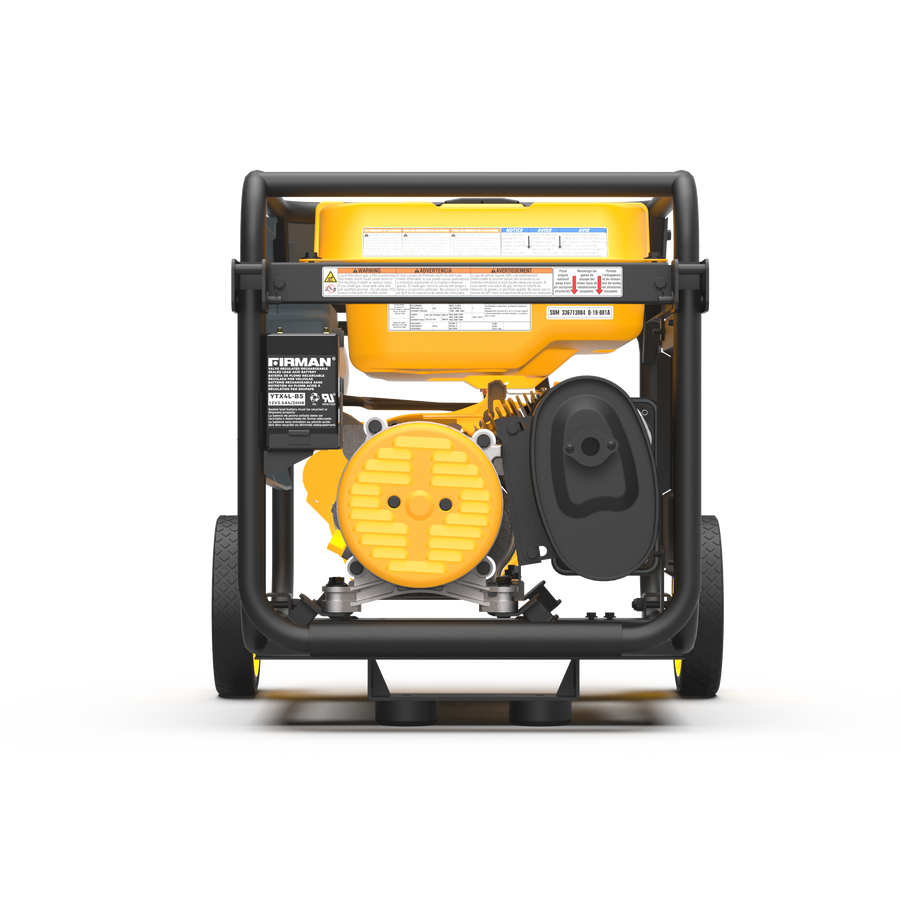 FIRMAN Power Equipment's Dual Fuel Portable Generator 4550/3650W Recoil Start in yellow and black, shown against a white background from a front-facing perspective.