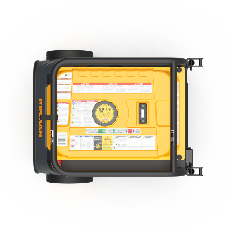 Overhead view of a yellow FIRMAN Power Equipment Dual Fuel Portable Generator 4550/3650W Recoil Start, featuring a control panel and labeled safety instructions, ideal as a portable backup power station.