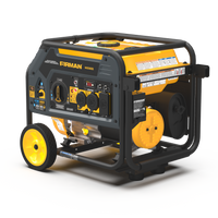 The FIRMAN Power Equipment Dual Fuel Portable Generator 4550/3650W Recoil Start is a wheeled yellow and black generator featuring multiple outlets and controls.