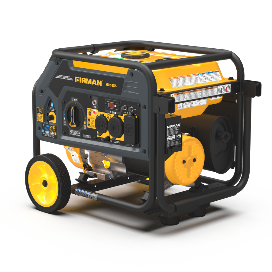 The FIRMAN Power Equipment Dual Fuel Portable Generator 4550/3650W Recoil Start is a wheeled yellow and black generator featuring multiple outlets and controls.