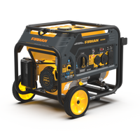 A versatile power station, the FIRMAN Power Equipment Dual Fuel Portable Generator 4550/3650W Recoil Start, boasts a striking yellow and black design with dual wheels and multiple control panels, ensuring you're prepared for anything.