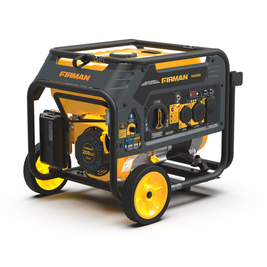 A versatile power station, the FIRMAN Power Equipment Dual Fuel Portable Generator 4550/3650W Recoil Start, boasts a striking yellow and black design with dual wheels and multiple control panels, ensuring you're prepared for anything.