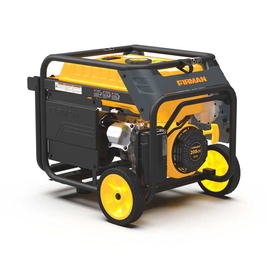 The FIRMAN Power Equipment Dual Fuel Portable Generator 4550/3650W Recoil Start boasts a yellow and black design, equipped with handles, wheels for easy transport, and a visible engine. This versatile generator ensures you're never left in the dark, providing efficient backup power when you need it most.