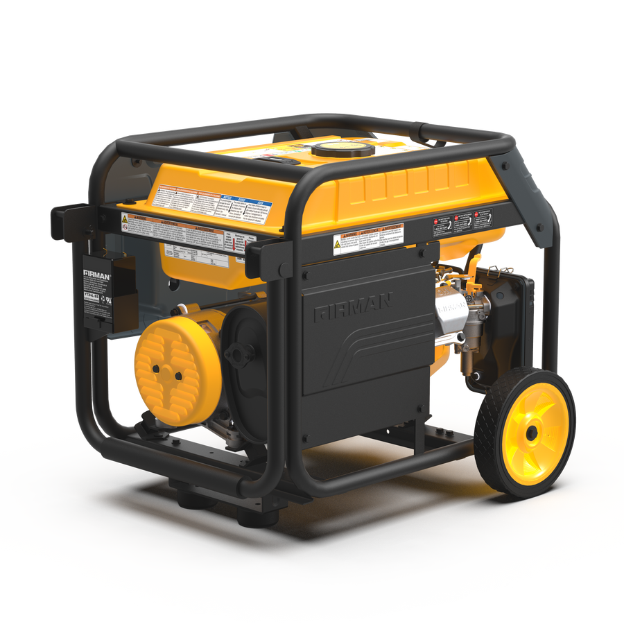 The FIRMAN Power Equipment Dual Fuel Portable Generator, 4550/3650W with Recoil Start, features a yellow and black design and wheels for easy transport, making it an ideal reliable backup power station.