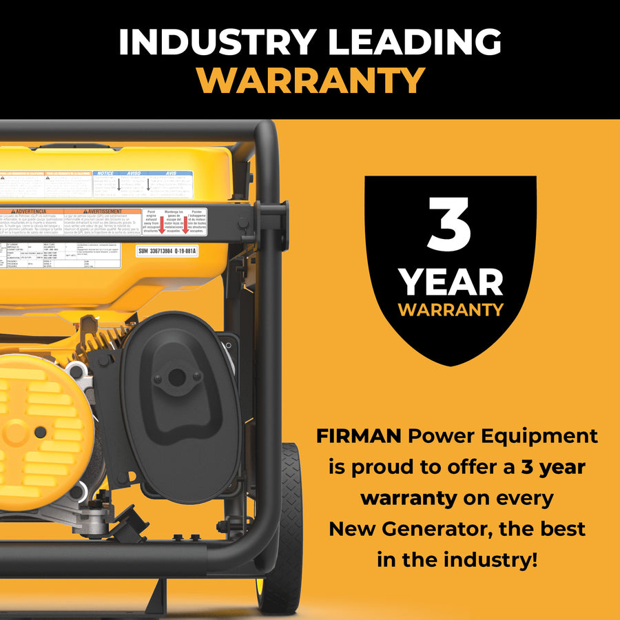 Yellow Dual Fuel Portable Generator 4550/3650W Recoil Start by FIRMAN Power Equipment showcases a 3-year warranty on new models—offering reliable energy and one of the best warranties in the industry.