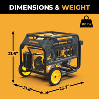 The FIRMAN Power Equipment Dual Fuel Portable Generator 4550/3650W Recoil Start features a handle, wheels, and CO Alert Sensor. Dimensions: 21.6"H x 21.8"W x 25.7"L; weight: 112 lbs.