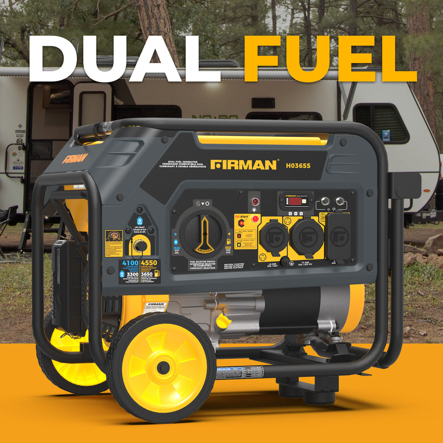 A FIRMAN Power Equipment Dual Fuel Portable Generator 4550/3650W Recoil Start with a CO Alert Sensor is shown outdoors on a yellow platform, with an RV and trees in the background.