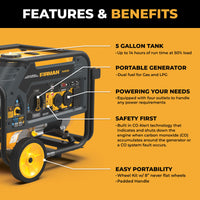 The FIRMAN Power Equipment Dual Fuel Portable Generator 4550/3650W features a black and yellow design, 5-gallon tank, CO Alert Sensor for safety, plus wheels and padded handle for easy portability.