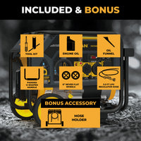 Image displays the FIRMAN Dual Fuel Portable Generator 4550/3650W Recoil Start with tool kit, engine oil, oil funnel, padded U-shaped handle, 8” never flat wheels, 5.5 ft LPG hose, and bonus hose holder for flexible portable power.