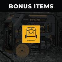 A generator with yellow wheels is displayed. There is a square icon in front showing a hose holder as a bonus item. The top of the image has the text "BONUS ITEMS." The FIRMAN Power Equipment Dual Fuel Portable Generator 5700W Electric Start 120/240V offers backup power when you need it most.