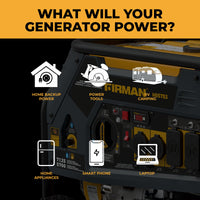 The FIRMAN Power Equipment Dual Fuel Portable Generator 5700W Electric Start 120/240V displays icons for versatile use, from home backup and power tools to RV camping and charging essential devices like smartphones and laptops, making it ideal for seamless energy needs at home or on the go.