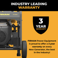 Close-up of a FIRMAN Power Equipment Dual Fuel Portable Generator 5700W Electric Start 120/240V highlights its robust design and a leading industry 3-year warranty.