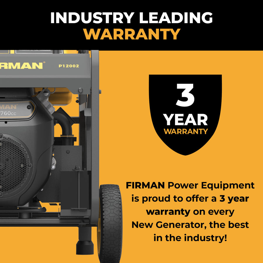 Close-up of a FIRMAN Power Equipment Dual Fuel Portable Generator 5700W Electric Start 120/240V highlights its robust design and a leading industry 3-year warranty.