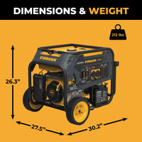 The FIRMAN Power Equipment Dual Fuel Portable Generator 5700W Electric Start 120/240V features dimensions of 26.3" H x 27.5" W x 30.2" D and weighs 212 lbs. Its gray and yellow design includes wheels, making it a versatile mobile power solution on the go.