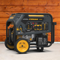 The FIRMAN Power Equipment Dual Fuel Portable Generator, 5700W Electric Start 120/240V, features a striking green and yellow design against wood. It offers multiple outlets, large wheels for easy mobility, and Hybrid Dual Fuel capability for reliable backup power.