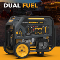 The FIRMAN Power Equipment's Dual Fuel Portable Generator 5700W Electric Start 120/240V ensures reliable backup power. Featuring wheels and multiple outlets, this generator is ready by a Jeep with a rooftop tent at dusk, promising adventure and peace of mind.