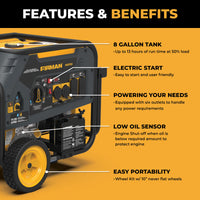 Discover the FIRMAN Power Equipment 5700W Dual Fuel Portable Generator, featuring electric start, an 8-gallon tank, six outlets, a low oil sensor, and easy transport with a wheel kit. Perfect for backup power needs at 120/240V.