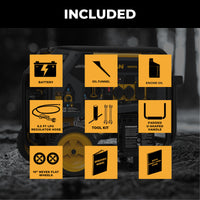 Image featuring the FIRMAN Power Equipment Dual Fuel Portable Generator package: includes battery, oil funnel, engine oil, LPG hose/regulator, tool kit, padded handle, never-flat wheels, and an operator's manual. Ideal for backup power and portable use with electric start and 5700W output.