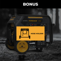 A FIRMAN Dual Fuel Portable Generator 5700W, with yellow wheels, stands against a blurred background. A text overlay reads "Hose Holder," featuring a hose icon. This hybrid generator is ideal for backup power solutions with an electric start and operates at 120/240V.