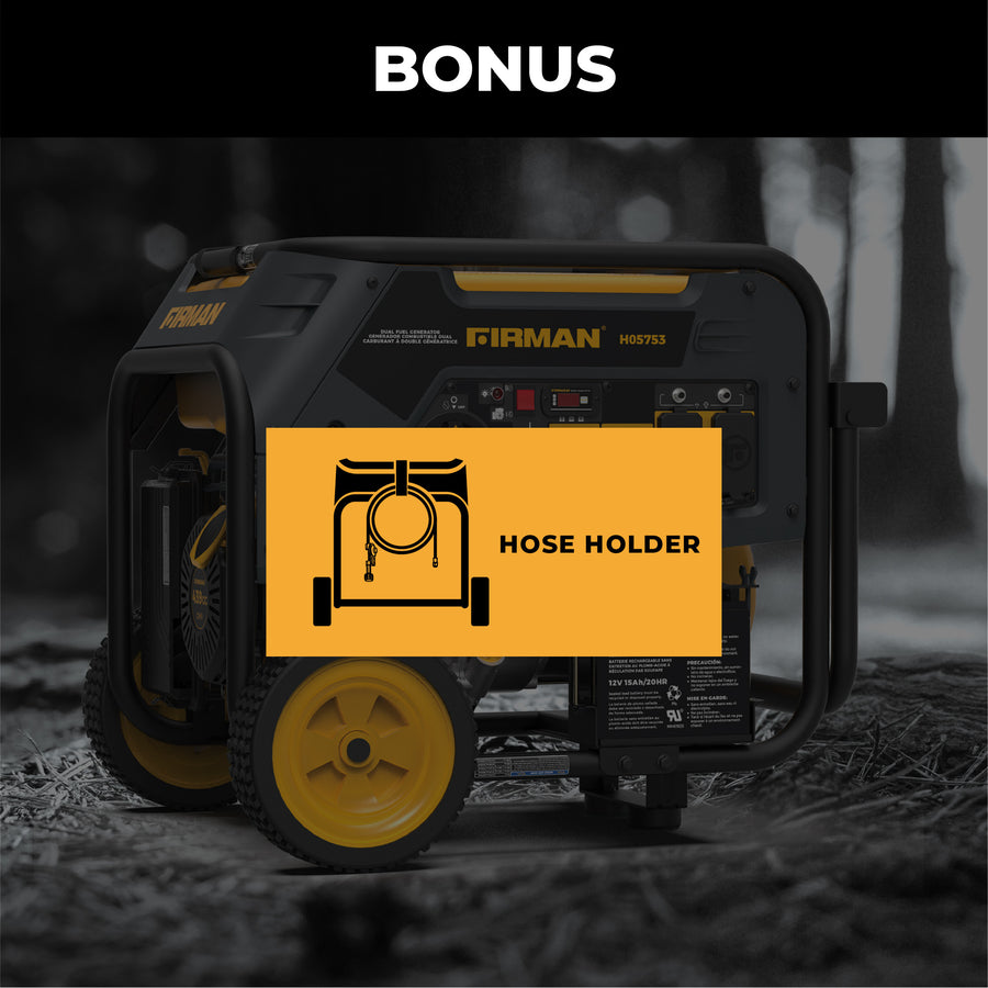 A FIRMAN Dual Fuel Portable Generator 5700W, with yellow wheels, stands against a blurred background. A text overlay reads "Hose Holder," featuring a hose icon. This hybrid generator is ideal for backup power solutions with an electric start and operates at 120/240V.