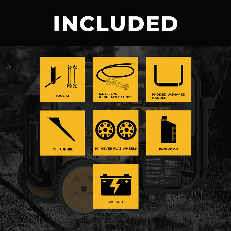 Graphic showing items included with a FIRMAN Power Equipment Dual Fuel Portable Generator 7500W Electric Start 120/240V: toolkit, LPG regulator with hose, padded U-shaped handle, oil funnel, never-flat wheels, engine oil, and battery, all against a dark