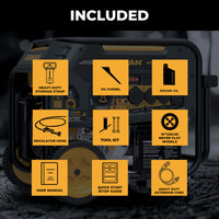 An image showing a list of items included with the FIRMAN Power Equipment Dual Fuel Portable Generator 9400W Electric Start 120/240V with CO Alert: heavy-duty storage strap, oil funnel, engine oil, regulator hose, tool kit, never flat wheels, user manual, quick start/stop guide, and extension cord.