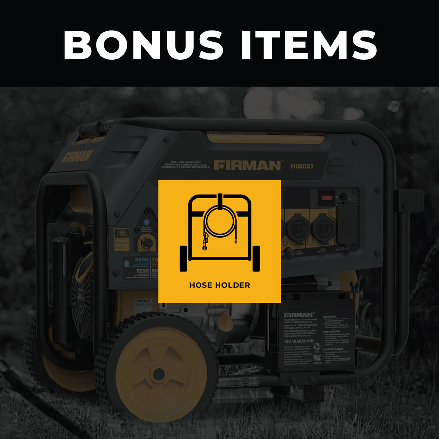 Portable FIRMAN Dual Fuel Generator 8000W Electric Start 120/240V displayed outdoors, highlighting the bonus feature "hose holder" with a yellow icon.