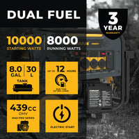 Advertisement for a FIRMAN Power Equipment dual fuel portable generator, emphasizing features like 10,000 starting watts, 8,000 running watts, and a 3-year warranty. Includes icons for fuel capacity, runtime.