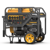 The FIRMAN Power Equipment Gas Portable Generator 15000W features an electric start, 120/240V power, yellow wheels, multiple outlets, and a control panel.