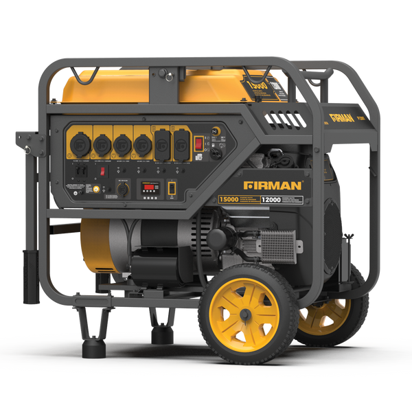 The FIRMAN Power Equipment Gas Portable Generator 15000W features an electric start, 120/240V power, yellow wheels, multiple outlets, and a control panel.