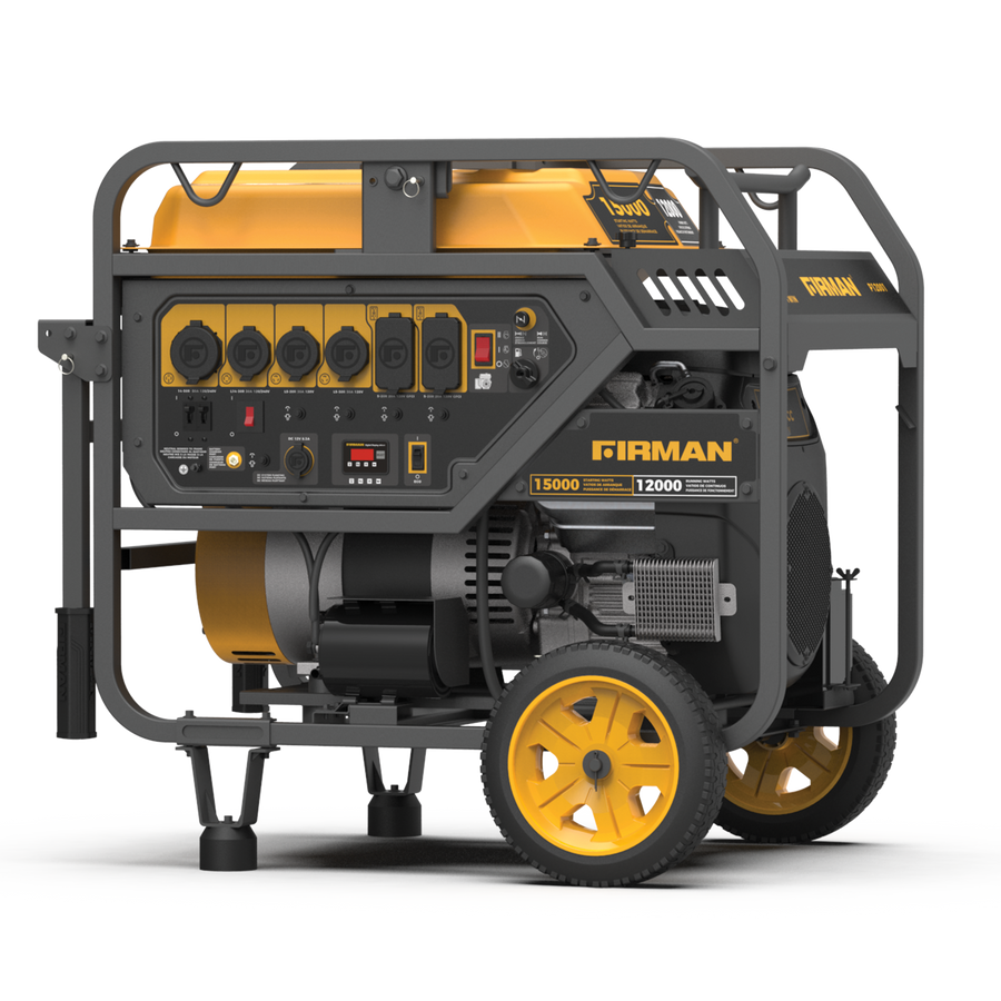The FIRMAN Power Equipment Gas Portable Generator 15000W features an electric start, 120/240V power, yellow wheels, multiple outlets, and a control panel.