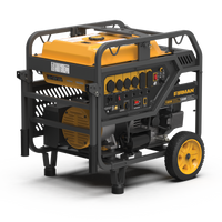 FIRMAN Power Equipment Gas Portable Generator 15000W Electric Start features a yellow and black design, wheels for mobility, multiple outlets, and a control panel.