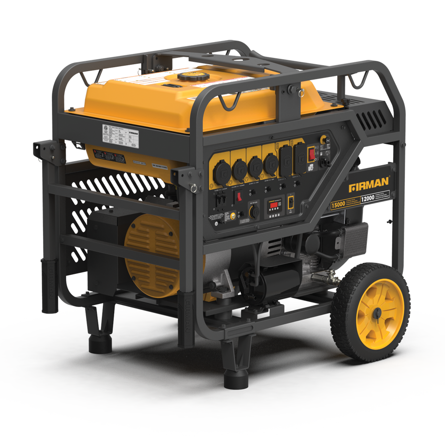 FIRMAN Power Equipment Gas Portable Generator 15000W Electric Start features a yellow and black design, wheels for mobility, multiple outlets, and a control panel.