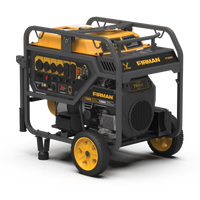 The FIRMAN Power Equipment Gas Portable Generator 15000W, in yellow and black, features wheels, multiple outlets, and levers for outdoor or emergency power supply.