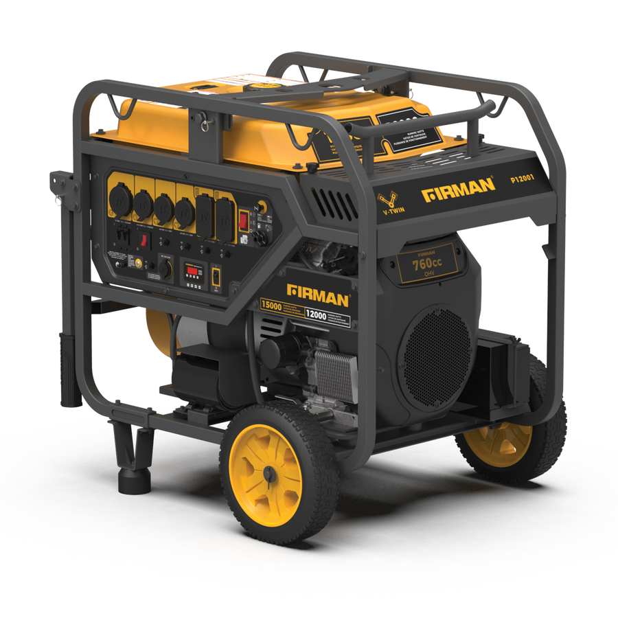 The FIRMAN Power Equipment Gas Portable Generator 15000W, in yellow and black, features wheels, multiple outlets, and levers for outdoor or emergency power supply.